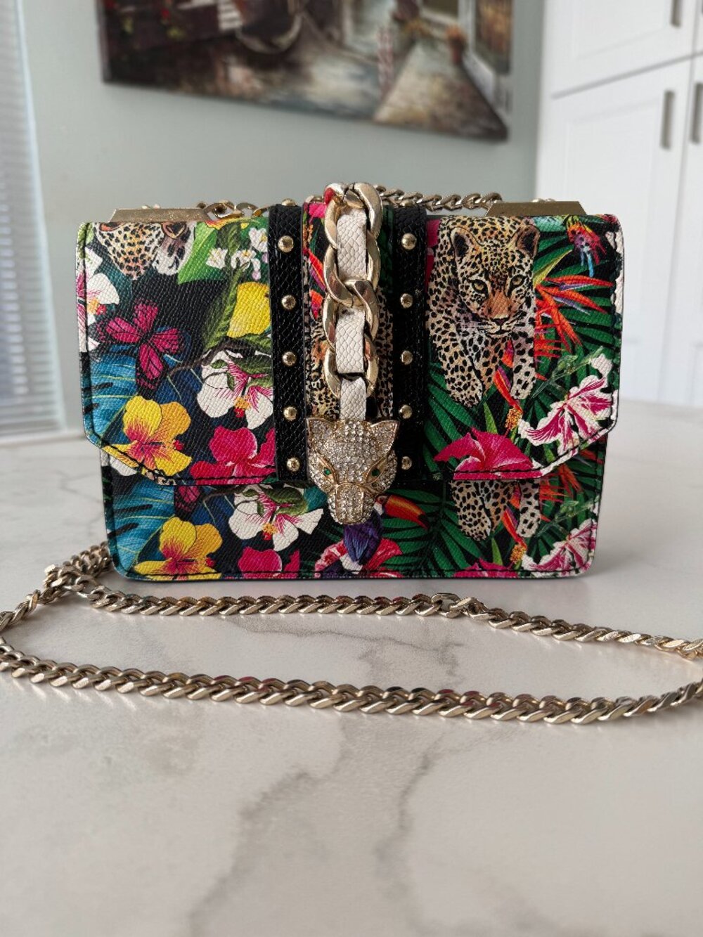 ALDO Baro Tropical Leopard Crossbody Bag Rhinestone Panther Accent